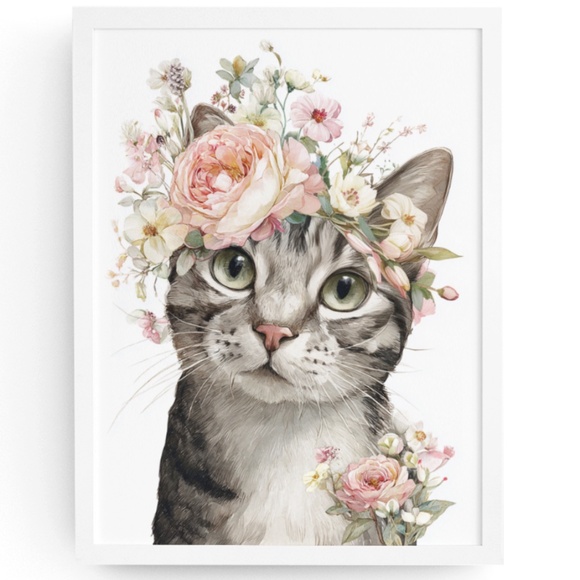 Creative Path Studios Other - Watercolor American Shorthair Cat with Flower Crown Wall Art Print
